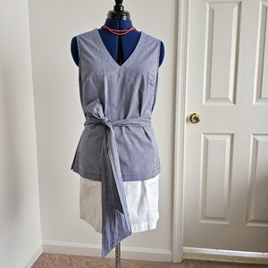 Max Jeans Gingham 50s Top Blue White Belted Tie Waist Summer Sleeveless Blouse M